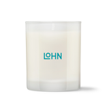 White candle with 'LOHN' logo on a white background