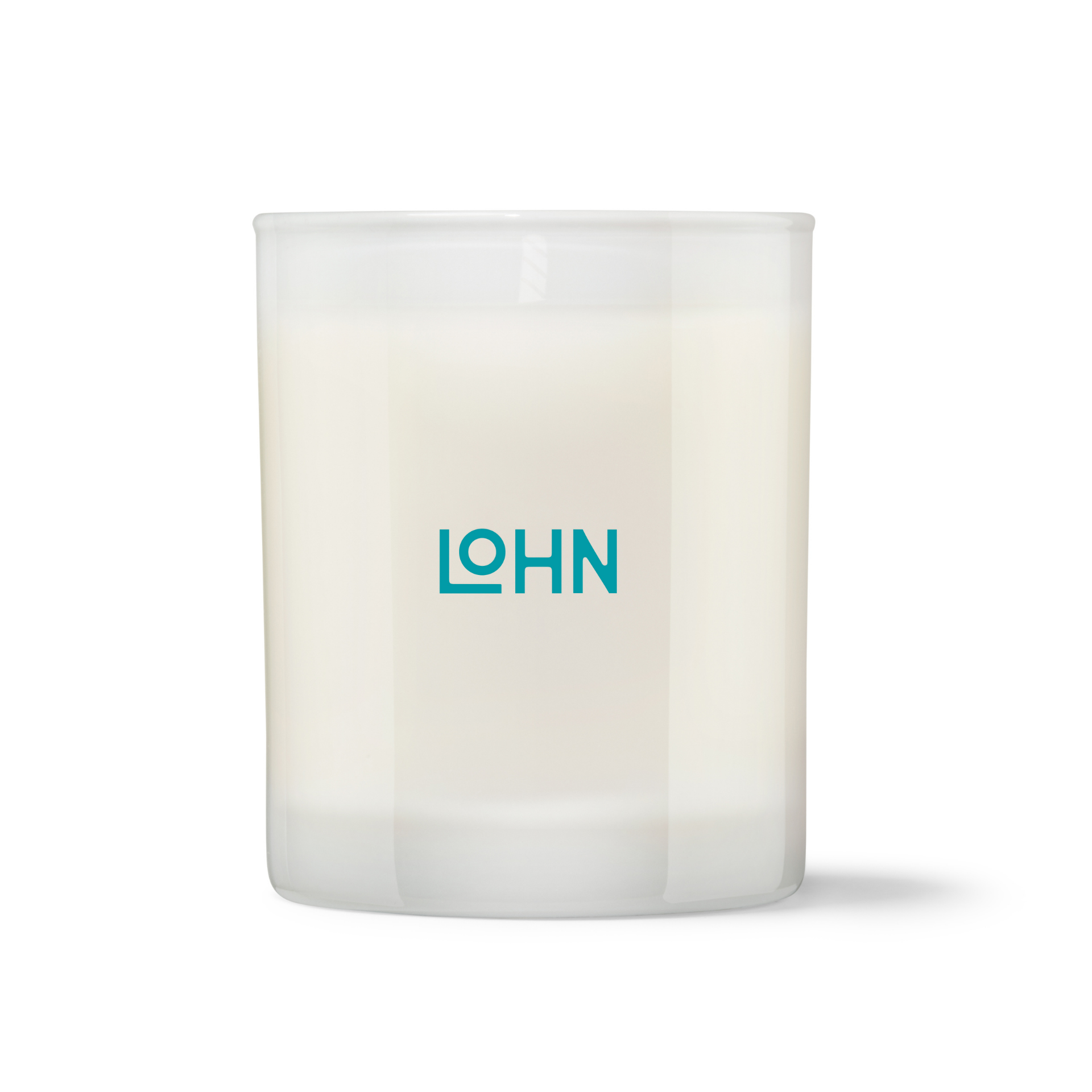 White candle with 'LOHN' logo on a white background