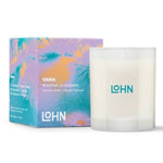 Lohn candle and packaging with product details on a white background