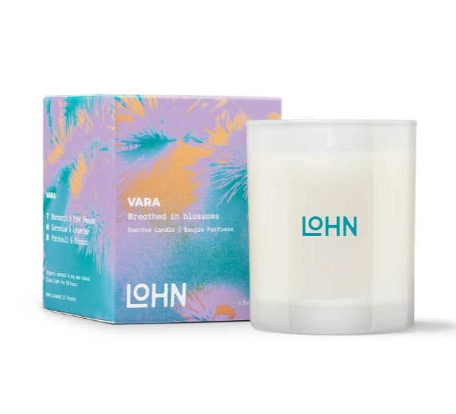 Lohn candle and packaging with product details on a white background