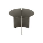 A modern round side table with a dark gray segmented top and a central metal support leg. 