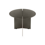 A modern round side table with a dark gray segmented top and a central metal support leg. 