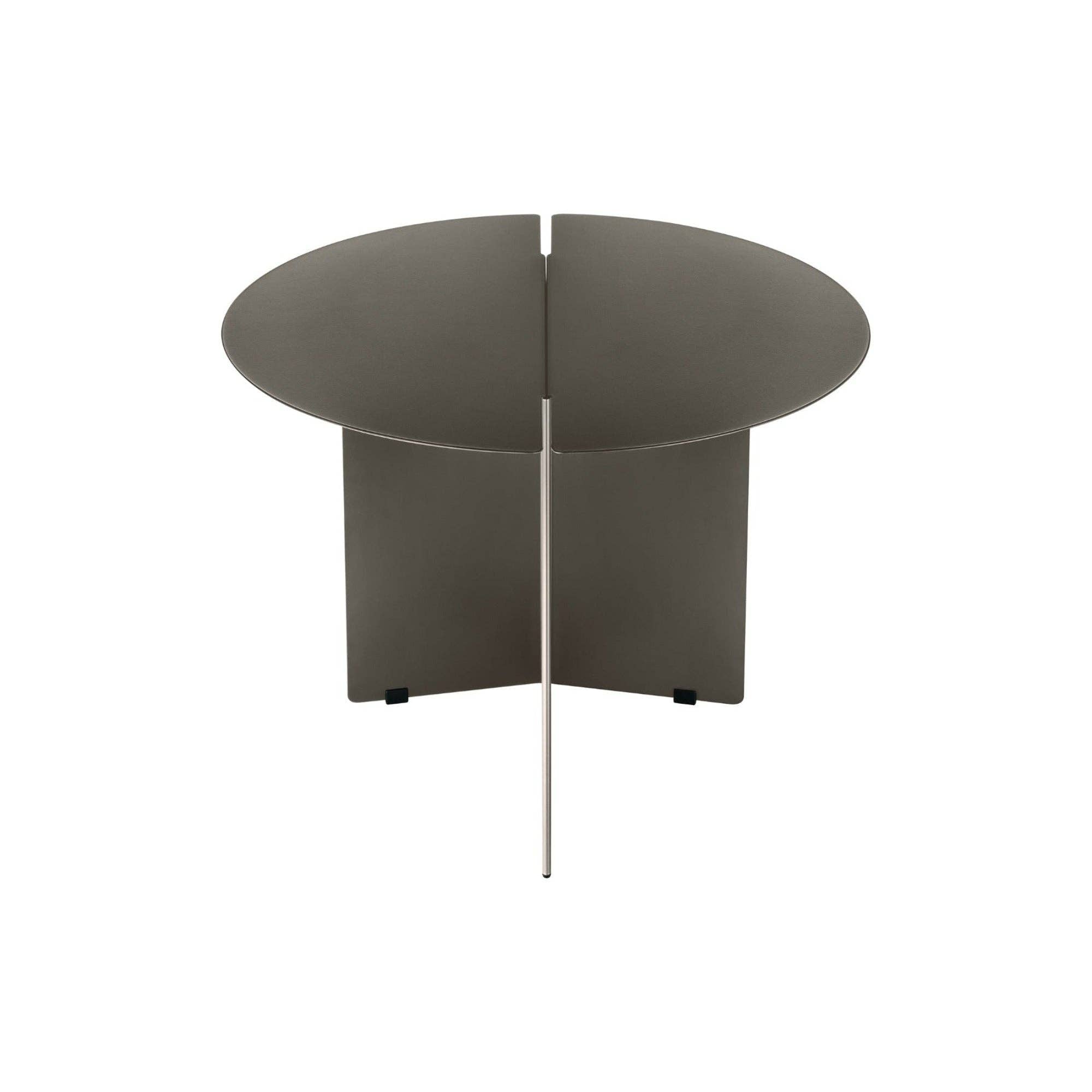 A modern round side table with a dark gray segmented top and a central metal support leg. 