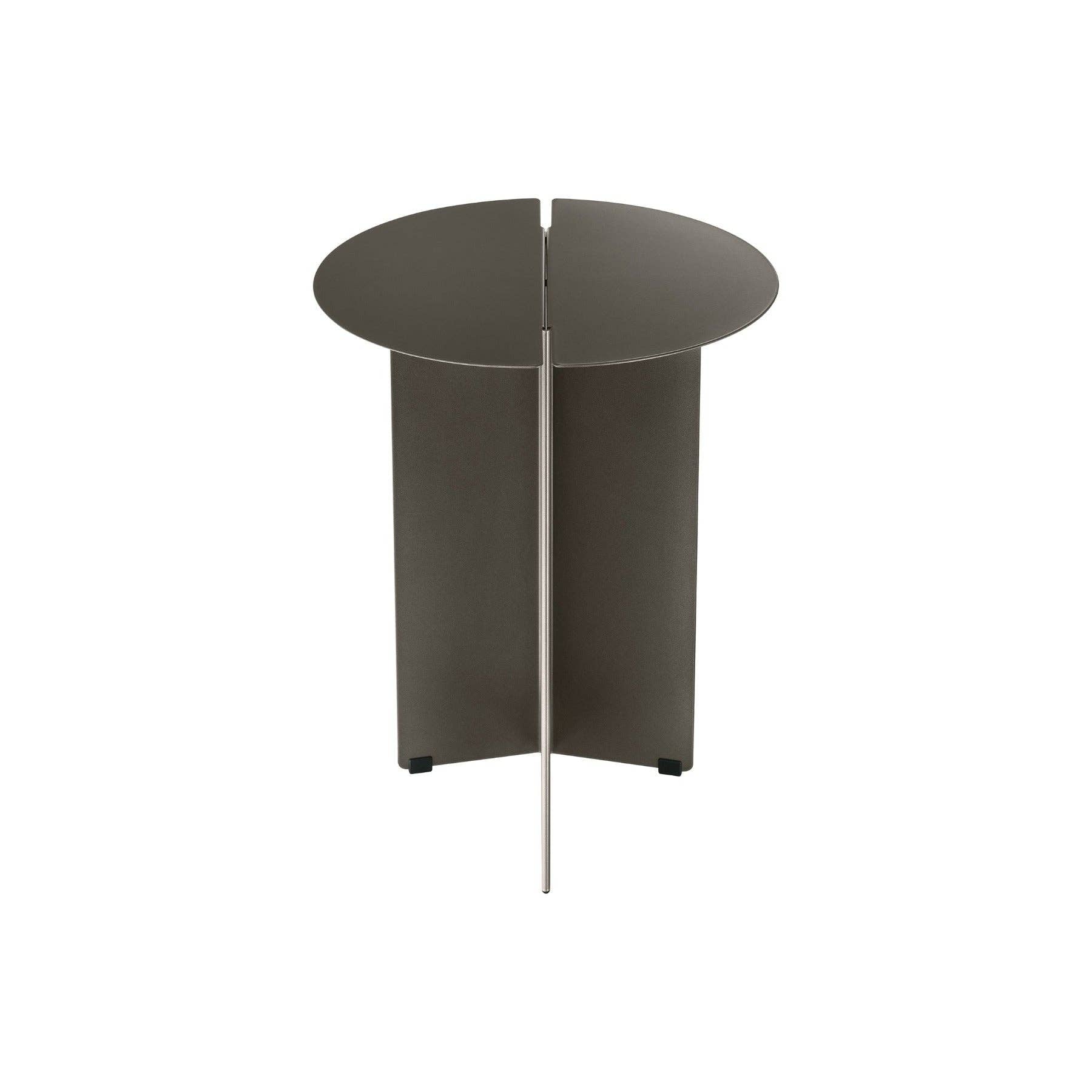 Modern round side table with a metallic finish on a white background