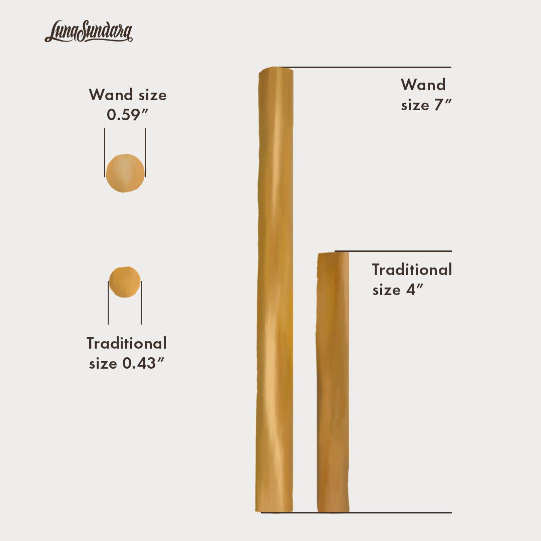Comparison of different sizes of wooden wands with measurements labeled, branded 'Luna Sundara'.