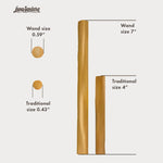 Comparison of different sizes of wooden wands with measurements labeled, branded 'Luna Sundara'.