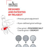 Grind adjustment system for a product designed and patented by Peugeot, with text and illustrations on a white background.