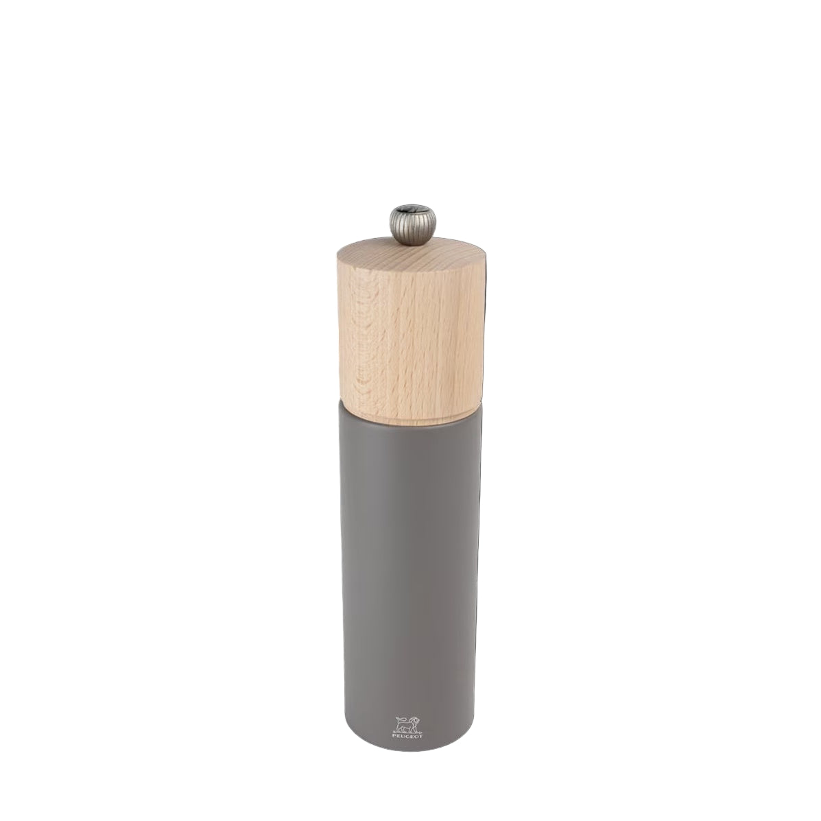 Gray pepper grinder with wooden top on a white background