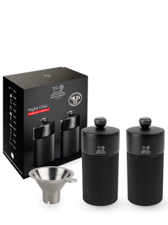 Peugeot Line matte black salt and pepper mills gift set with funnel, elegant design, contemporary style.