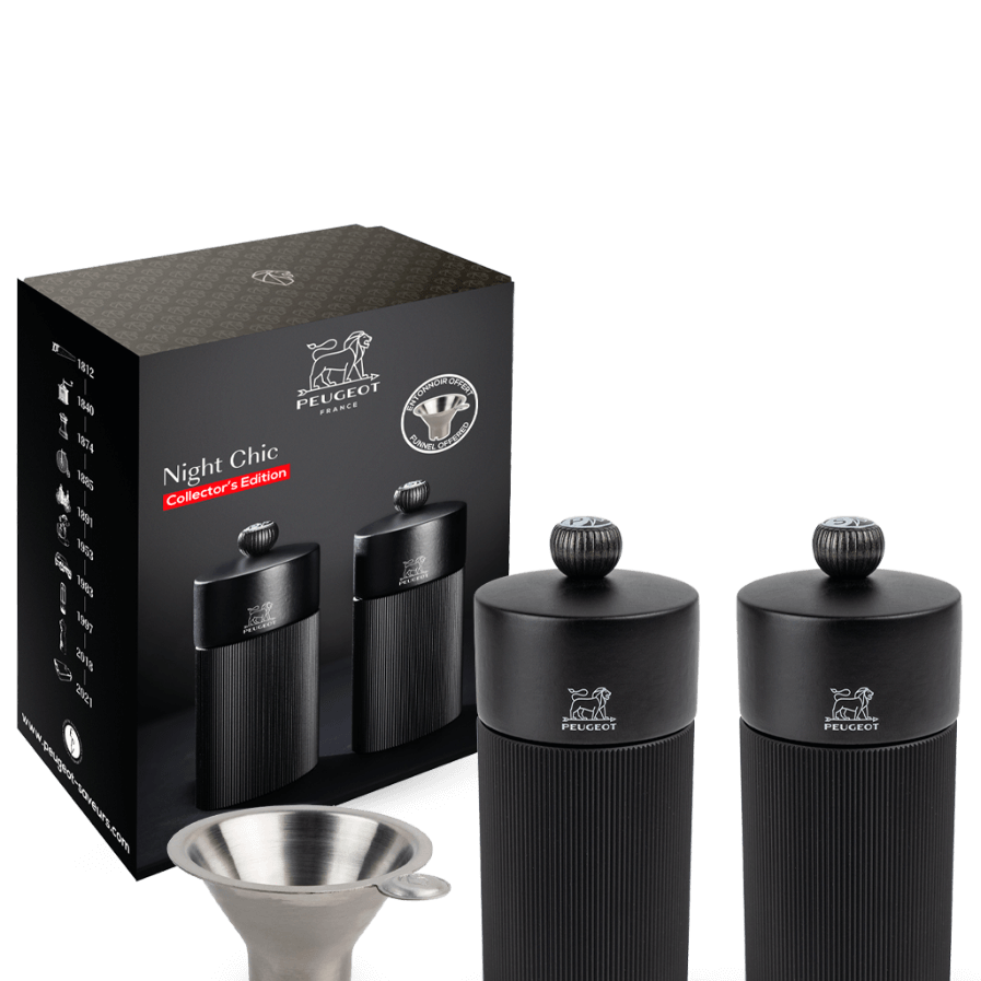 Peugeot Line matte black salt and pepper mills gift set with funnel, elegant design, contemporary style.