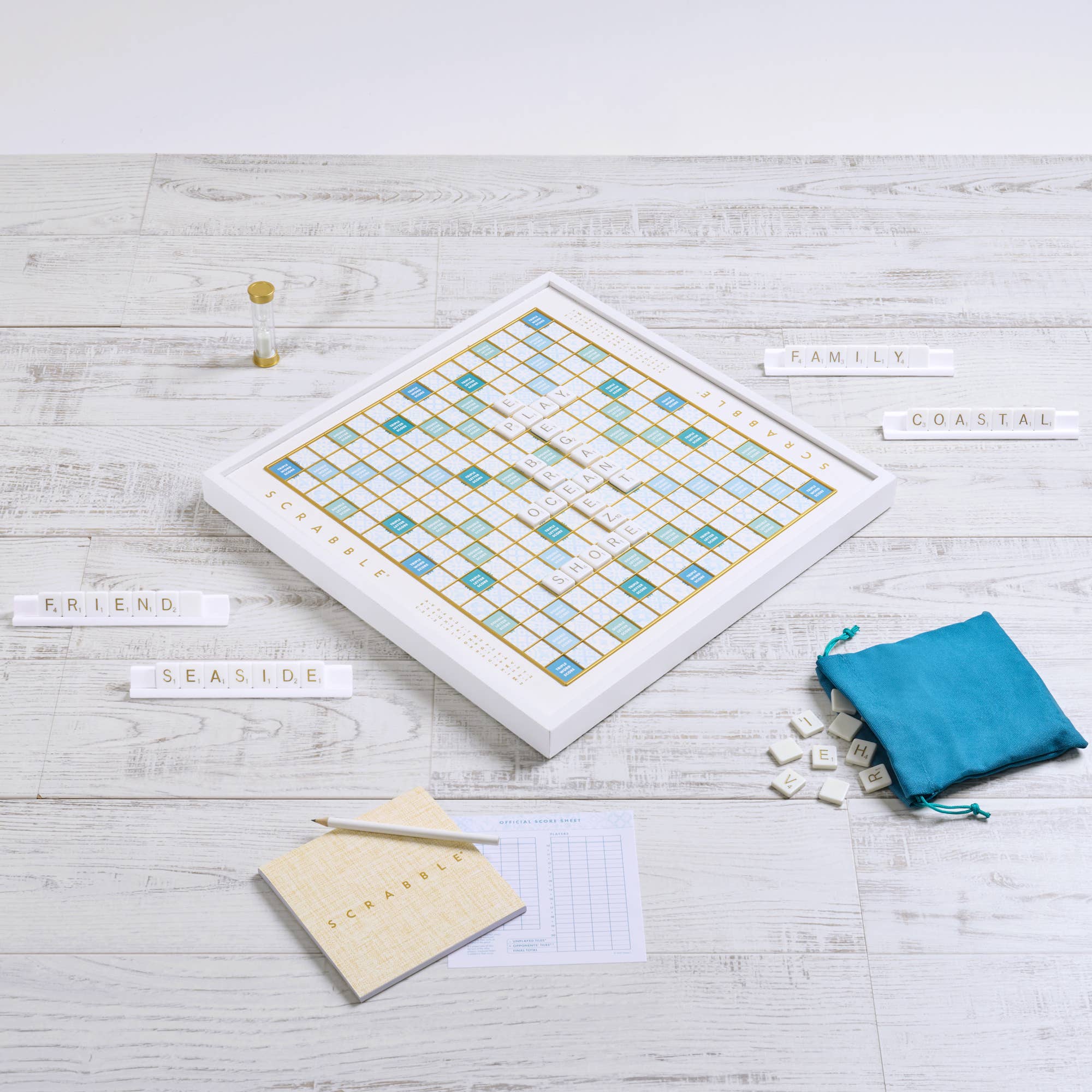 Board game with tiles and cards on a wooden surface