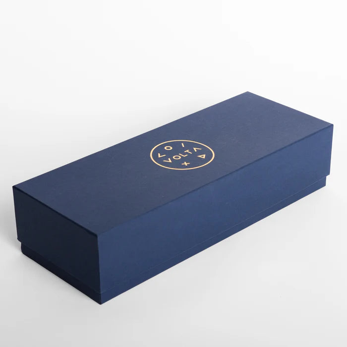 Navy blue box with gold logo on a white background