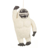 Felted wool abominable snowman ornament on a white background