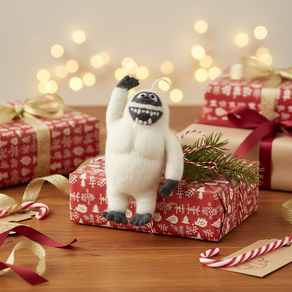 Plush abominable snowman ornament on a Christmas-themed gift box with festive decorations.