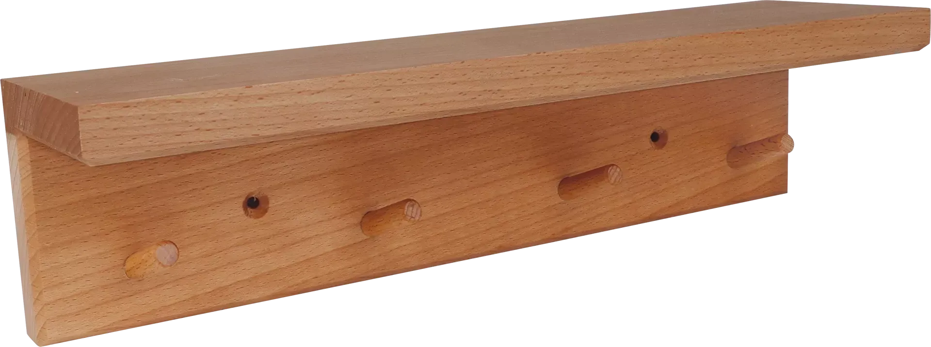 Wooden shelf with hooks on a white background