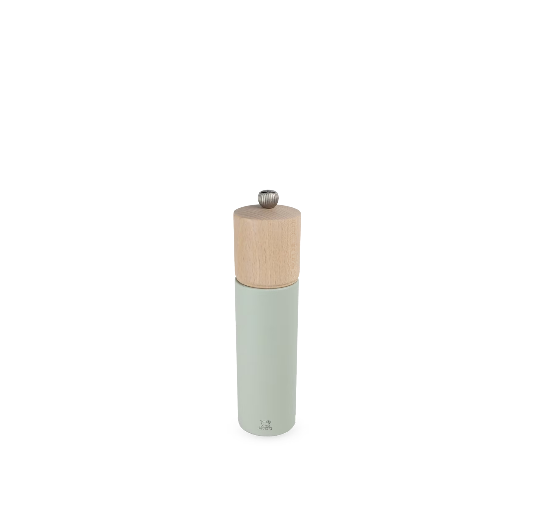 salt mill with wooden top and light green body on a white background