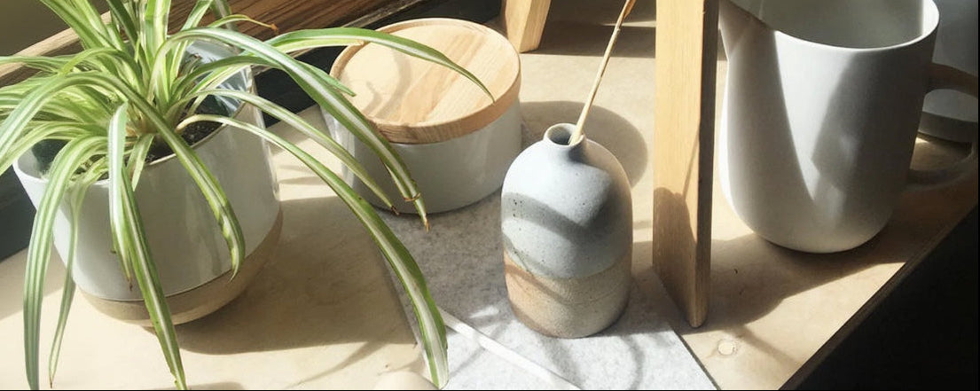 Decorative items including a potted plant, vases, and cups on a wooden surface.