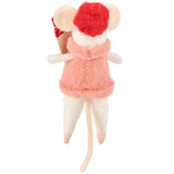 back view of mouse ornament with a red hat and pink sweater