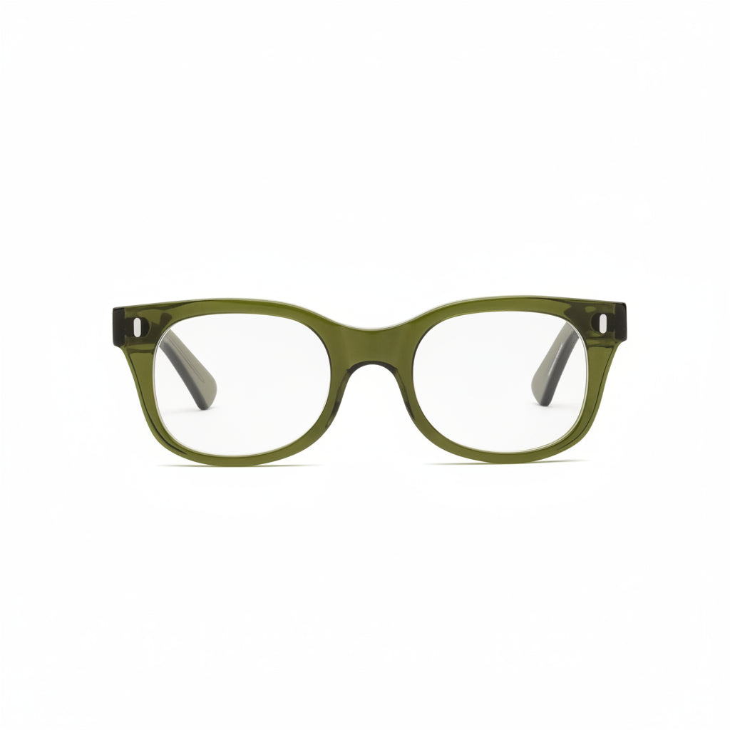 A pair of square-shaped, green full-frame reading glasses.