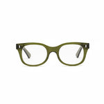 A pair of square-shaped, green full-frame reading glasses.
