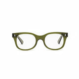 A pair of square-shaped, green full-frame reading glasses.