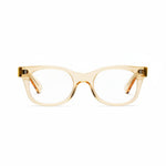 A pair of square-shaped, full frame eyeglasses with a raw honey color and metal accents on the arms.