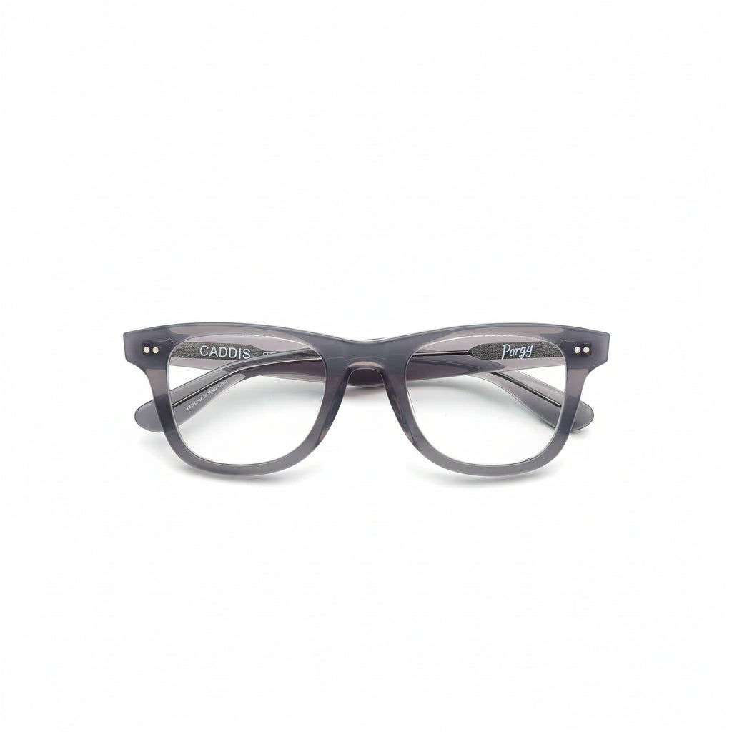 Gray eyeglasses with 'Caddis' branding on a white background
