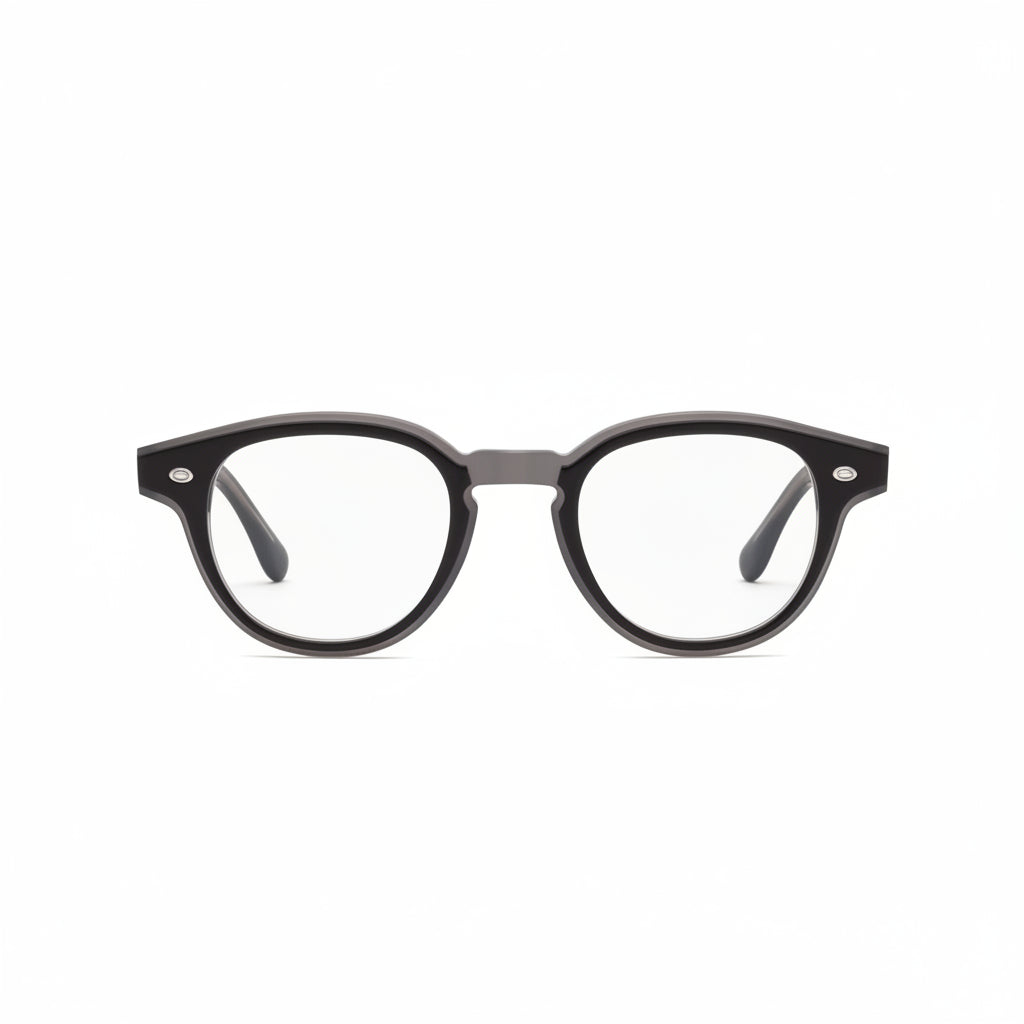 A pair of matte black round-shaped Caddis readers with visible hinges and lenses.