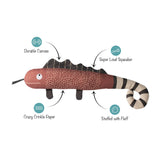 Diagram of orange and white chameleon dog toy with features.