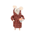 mouse ornament in a brown robe holding a coffee cup