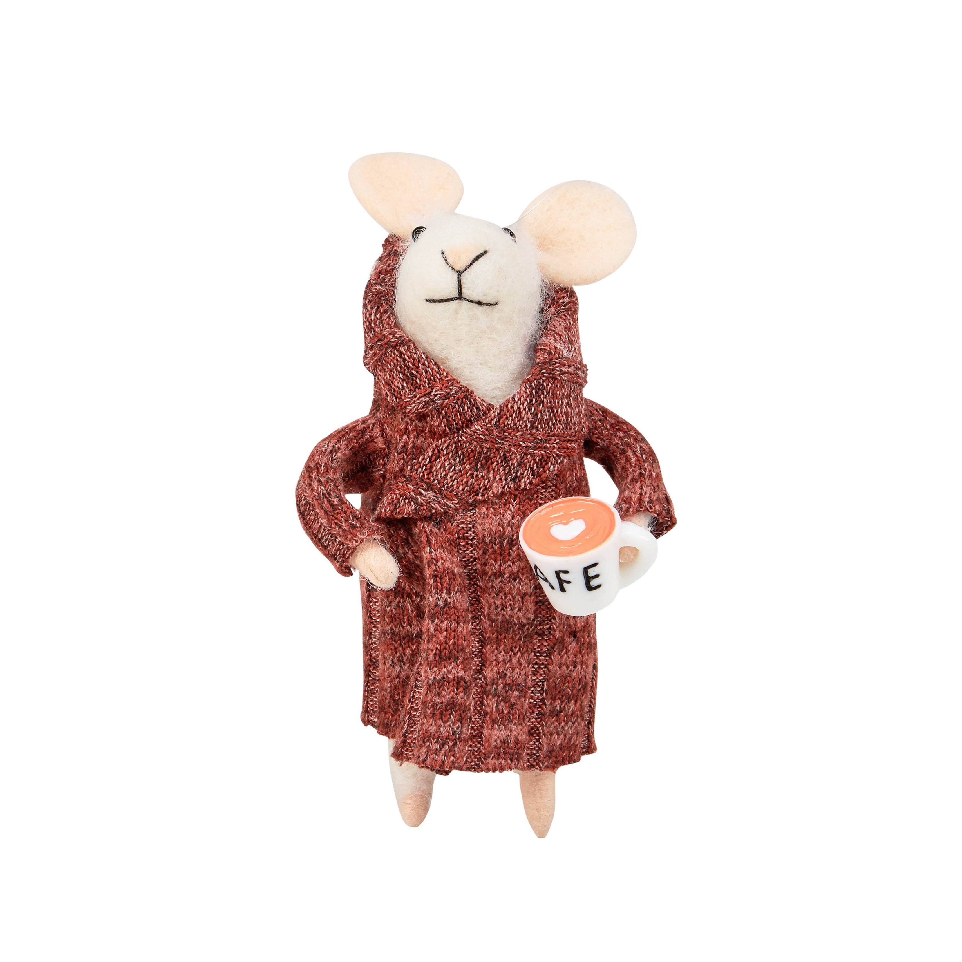 mouse ornament in a brown robe holding a coffee cup