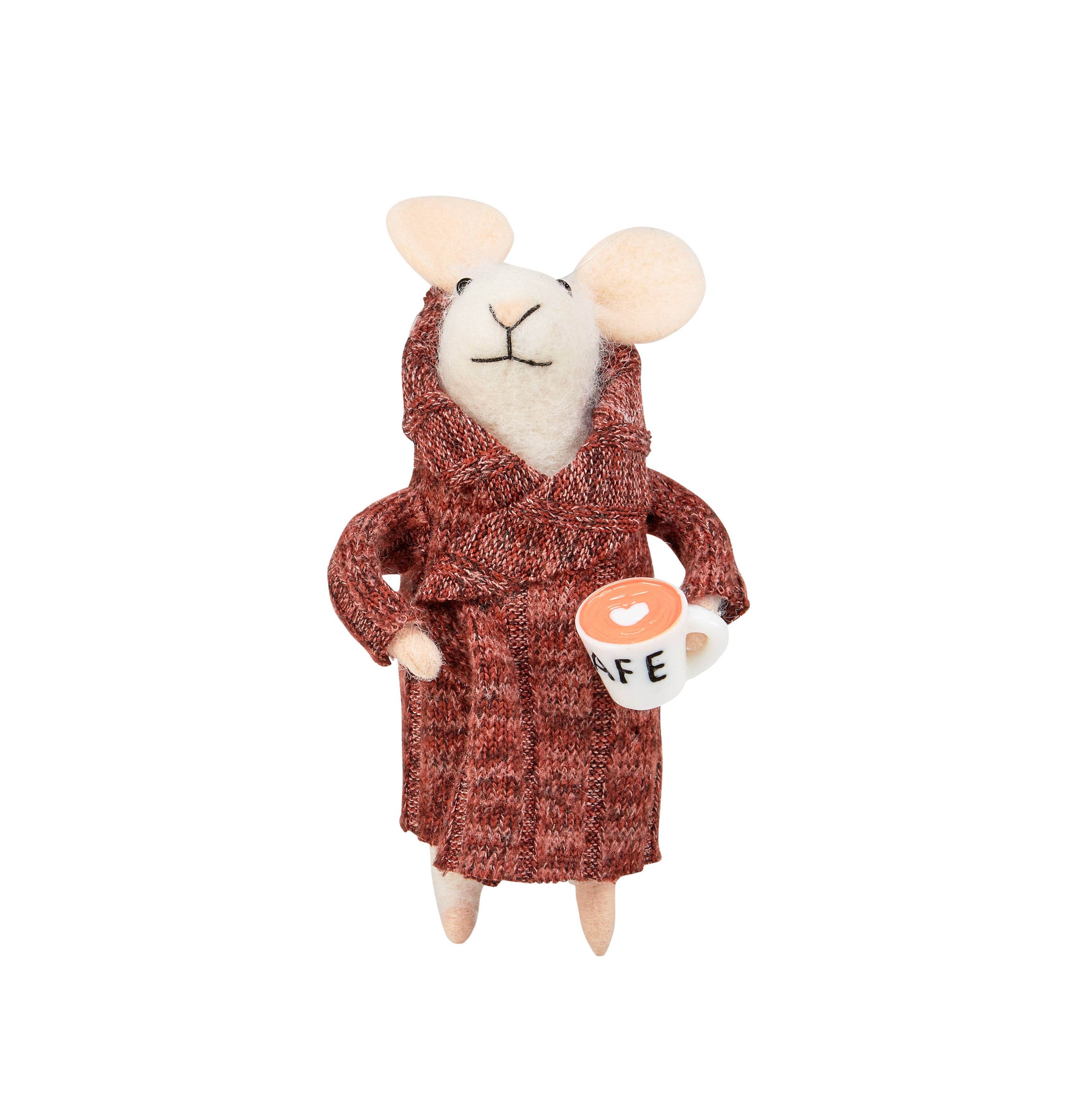 mouse ornament in a brown robe holding a coffee cup