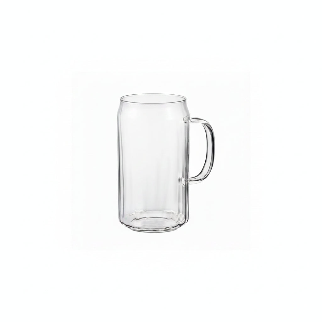 Clear glass beer mug with handle on a white background