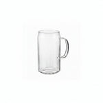 Clear glass beer mug with handle on a white background