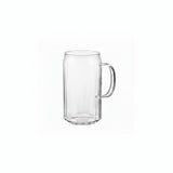 Clear glass beer mug with handle on a white background