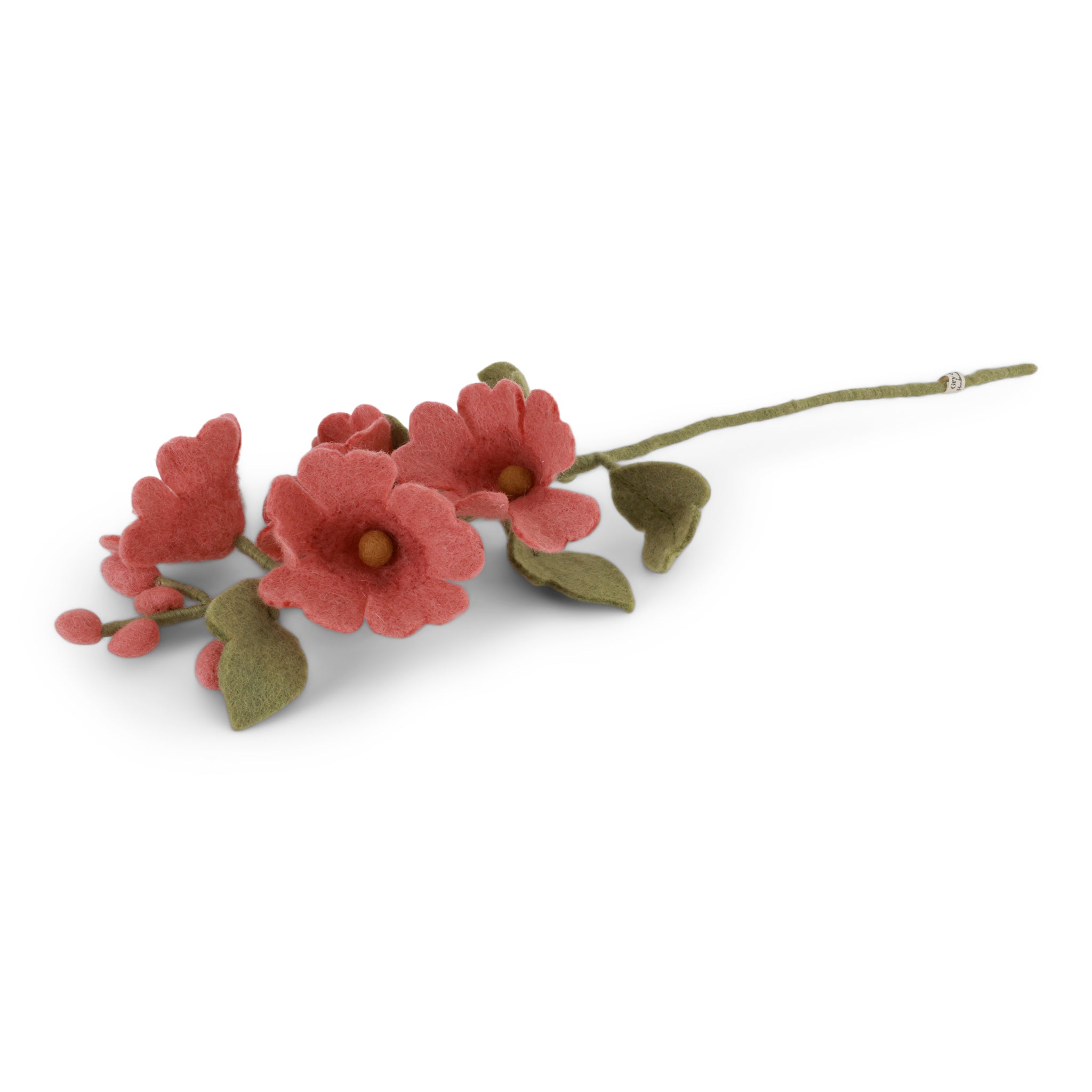Decorative floral branch with dusty red hollyhock flowers and green leaves on a white background