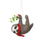 Felted sloth ornament with mistletoe on a white background