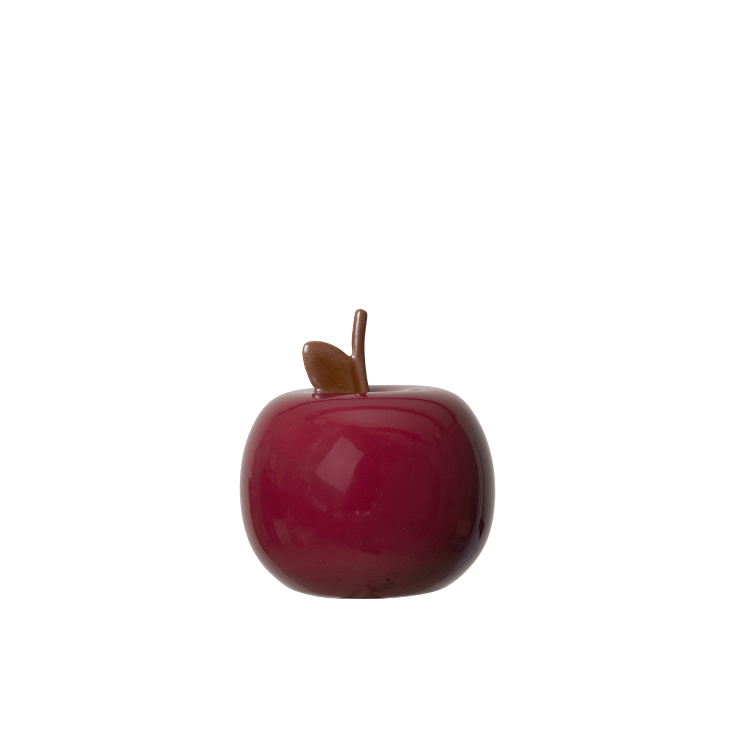 Red apple-shaped object with a brown stem on a white background