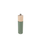 Green pepper mill with wooden top on a white background