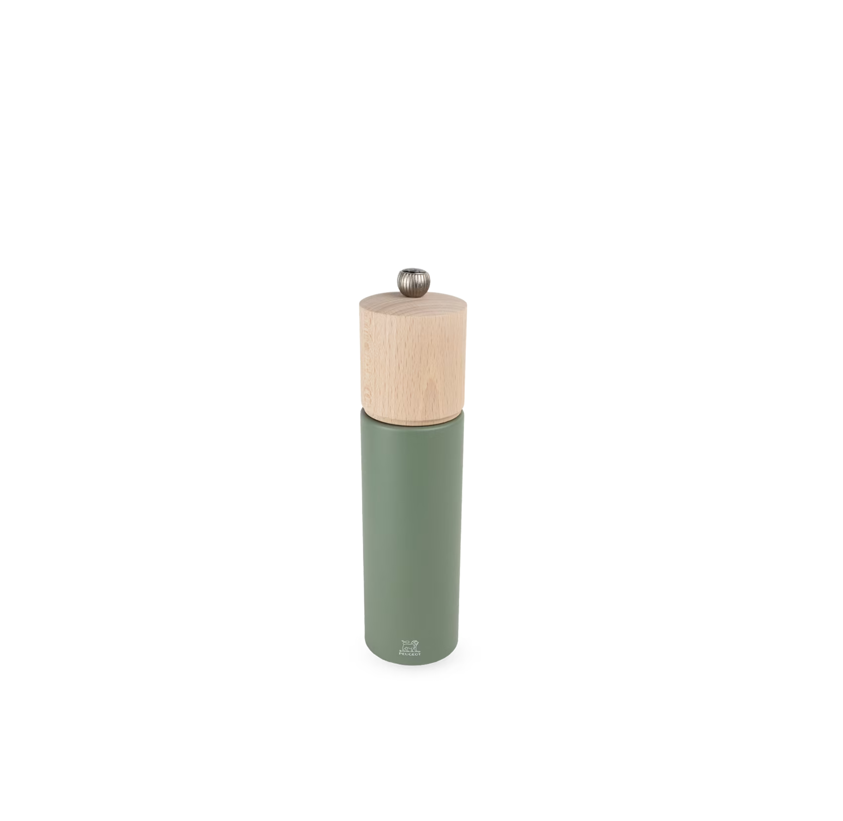 Green pepper mill with wooden top on a white background