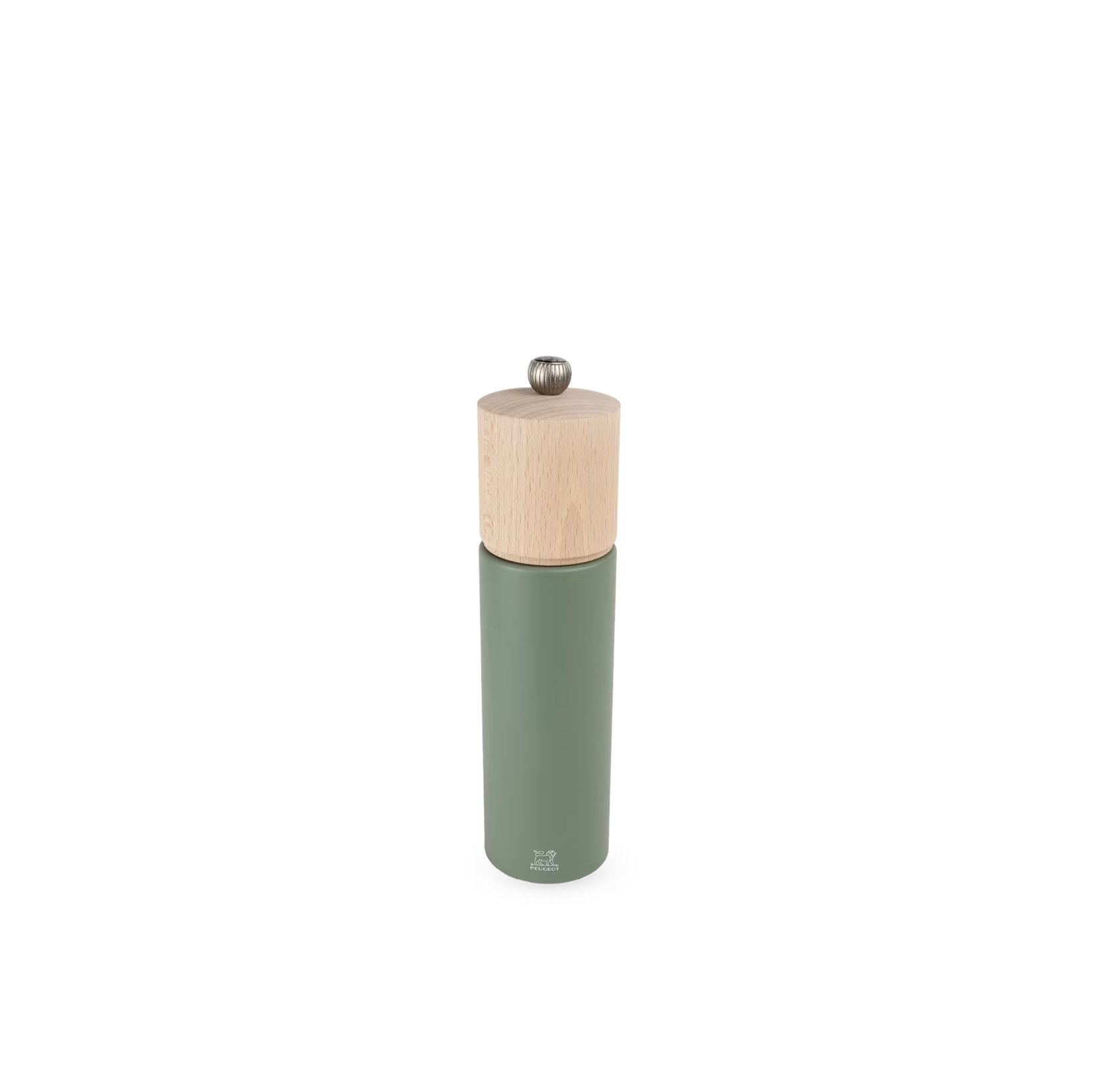 Green pepper mill with wooden top on a white background