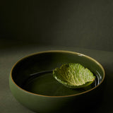 Green ceramic bowl with a leaf on a dark background