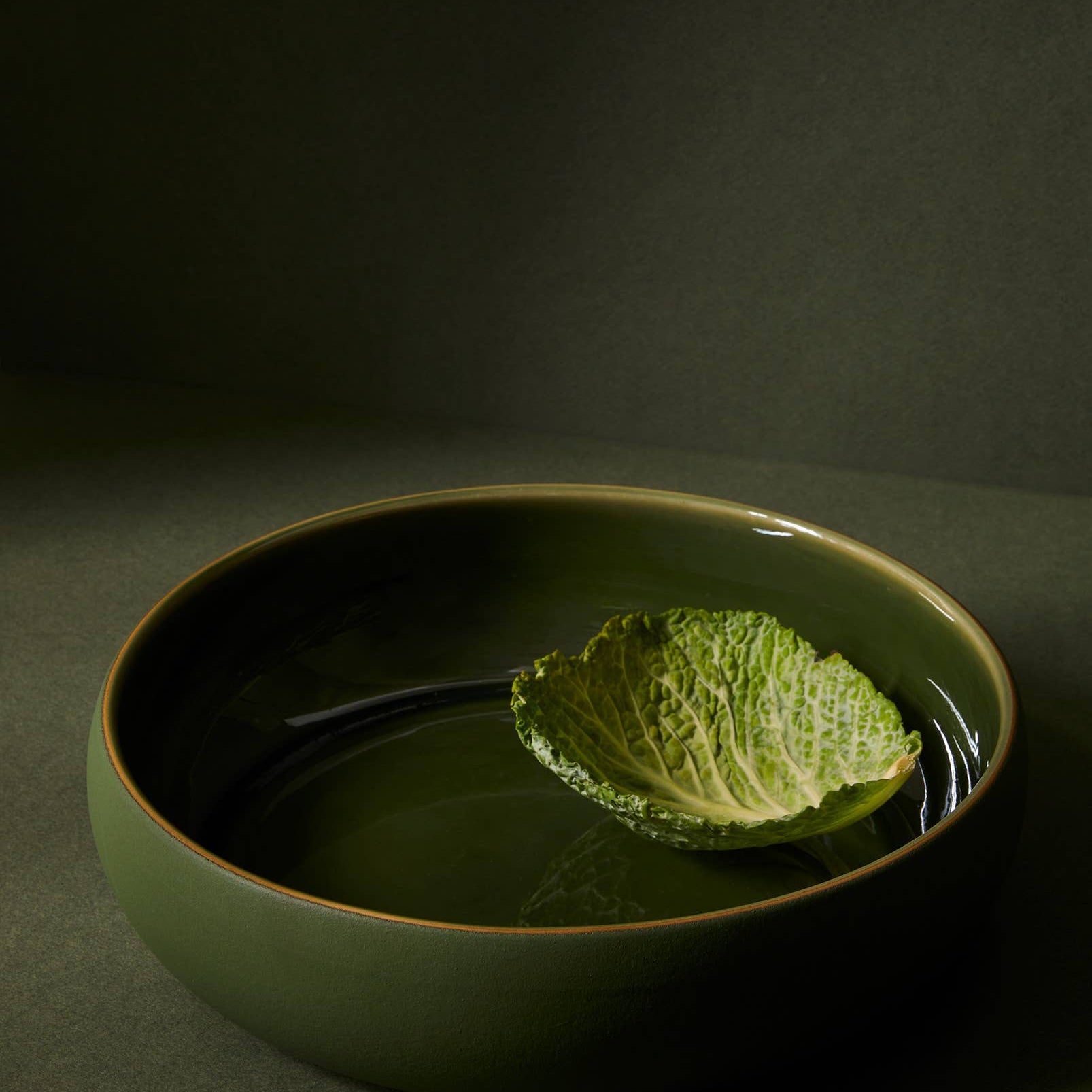 Green ceramic bowl with a leaf on a dark background