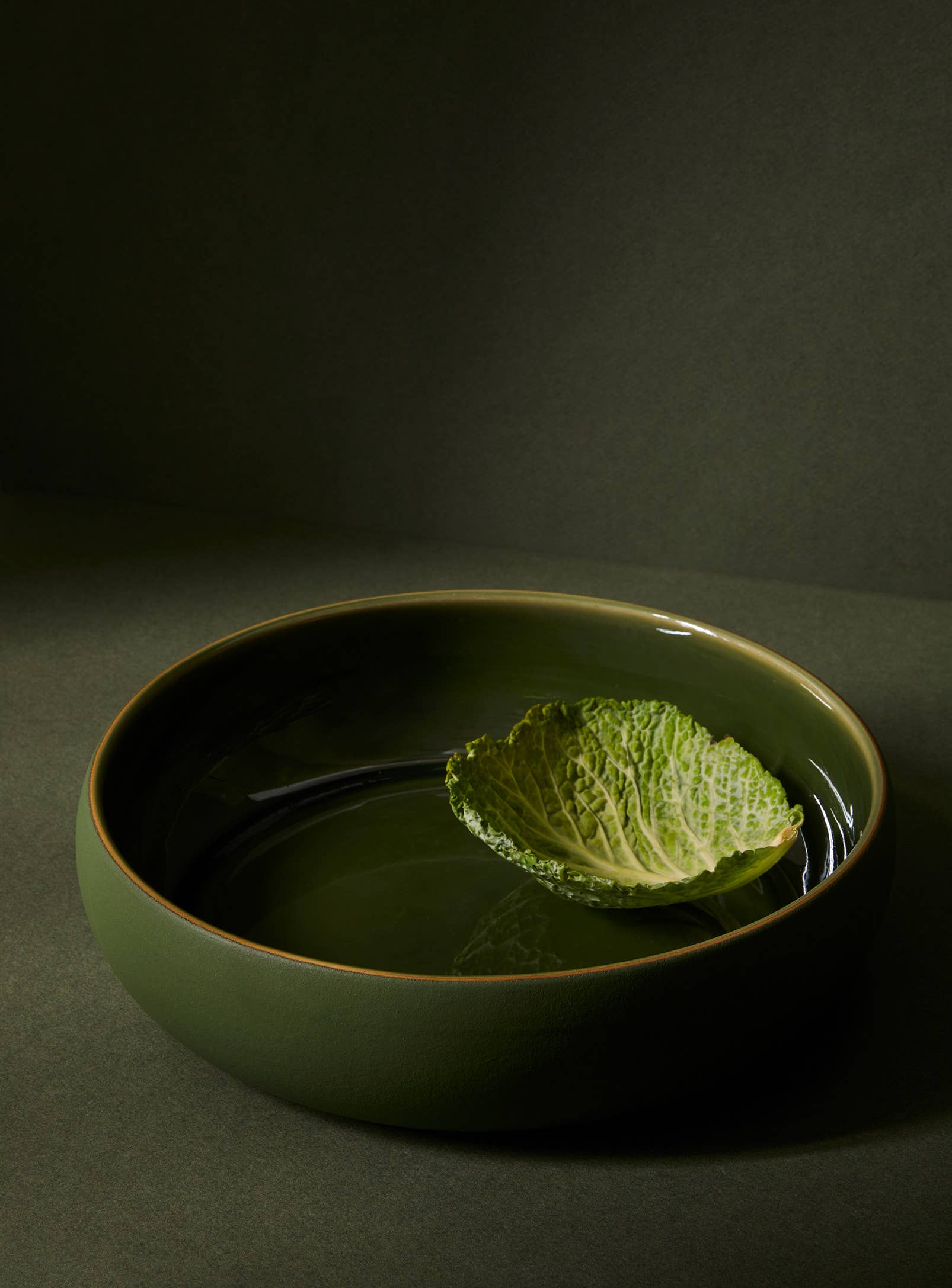 Green ceramic bowl with a leaf on a dark background