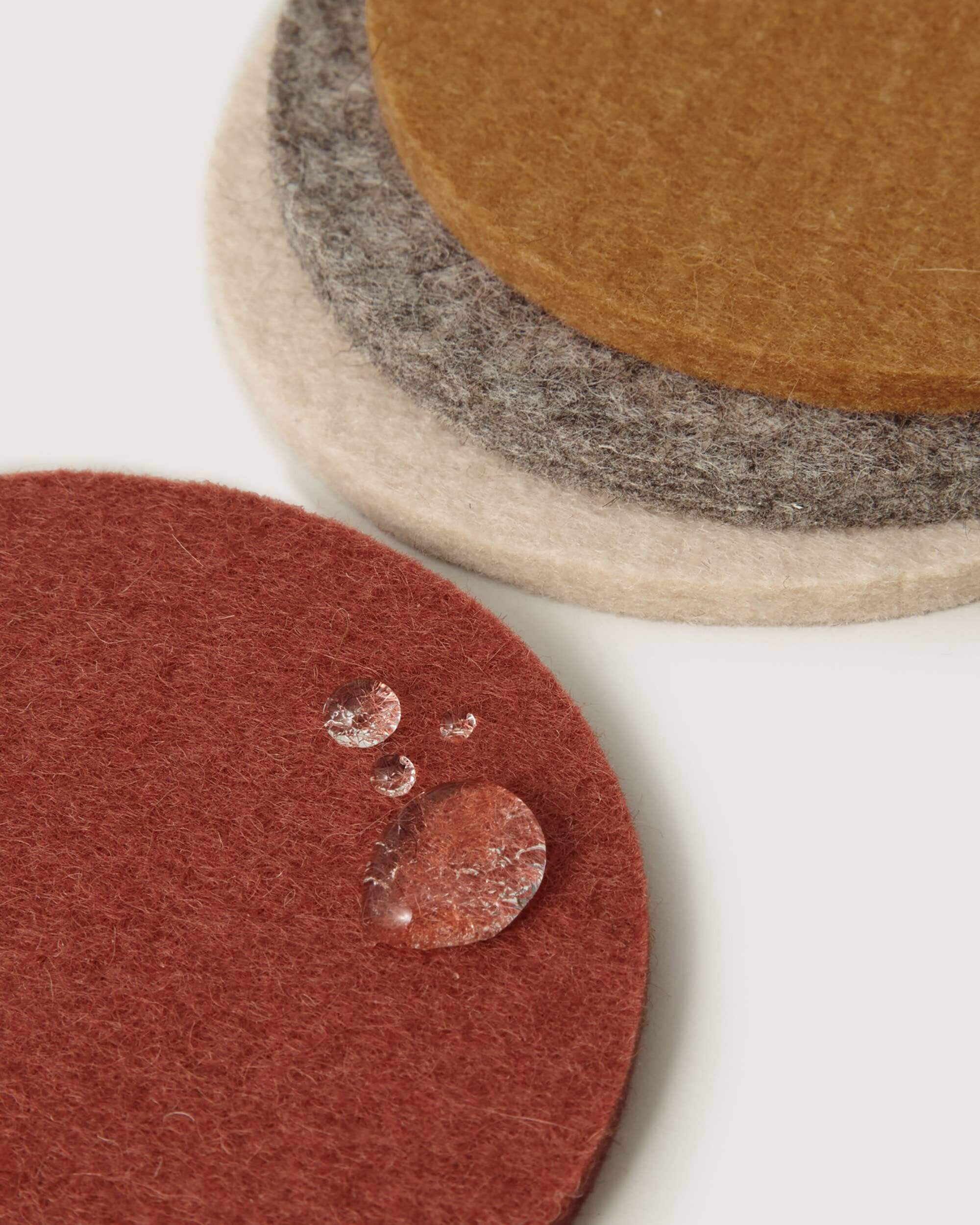 Set of round felt coasters in various colors on a white surface.