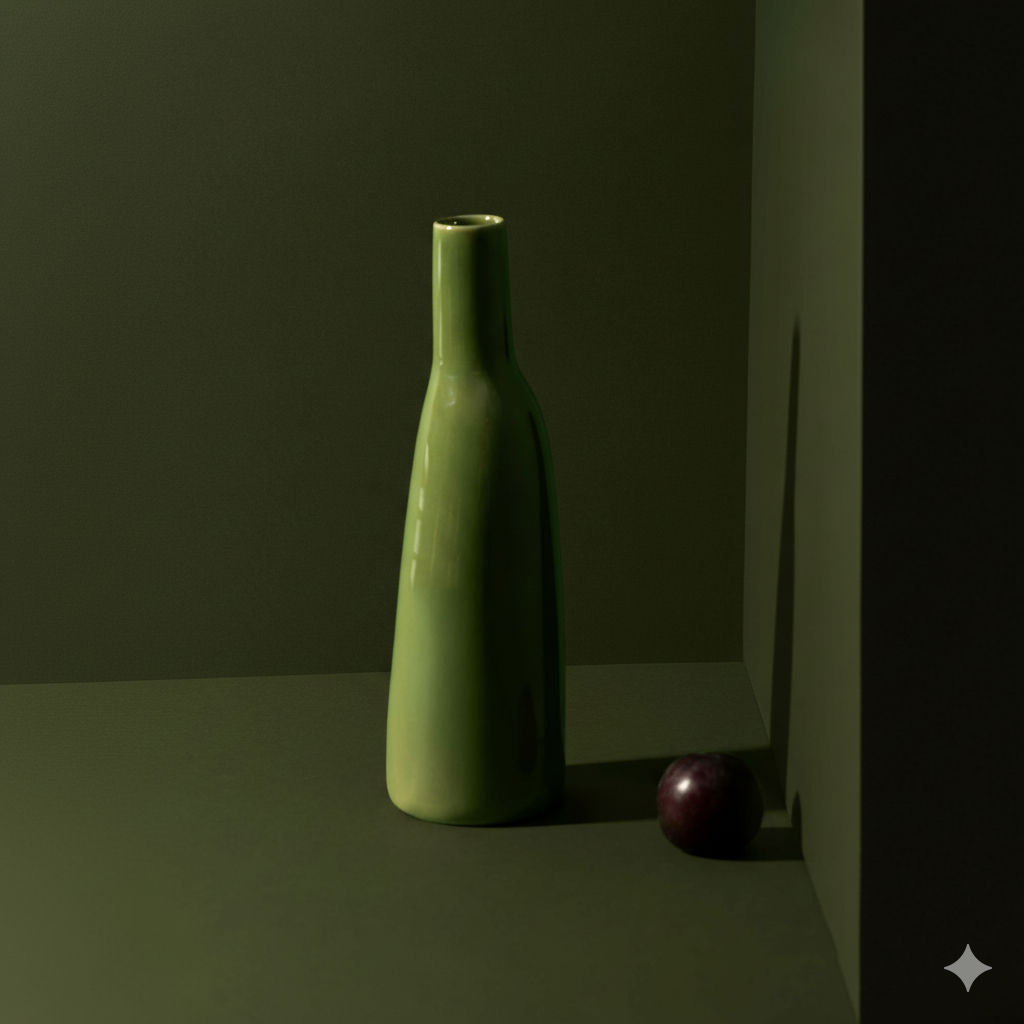 Green vase on a dark surface with a dark green background