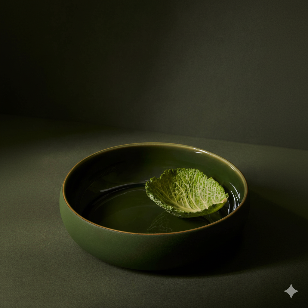 Green ceramic bowl with a leaf of lettuce on a dark background