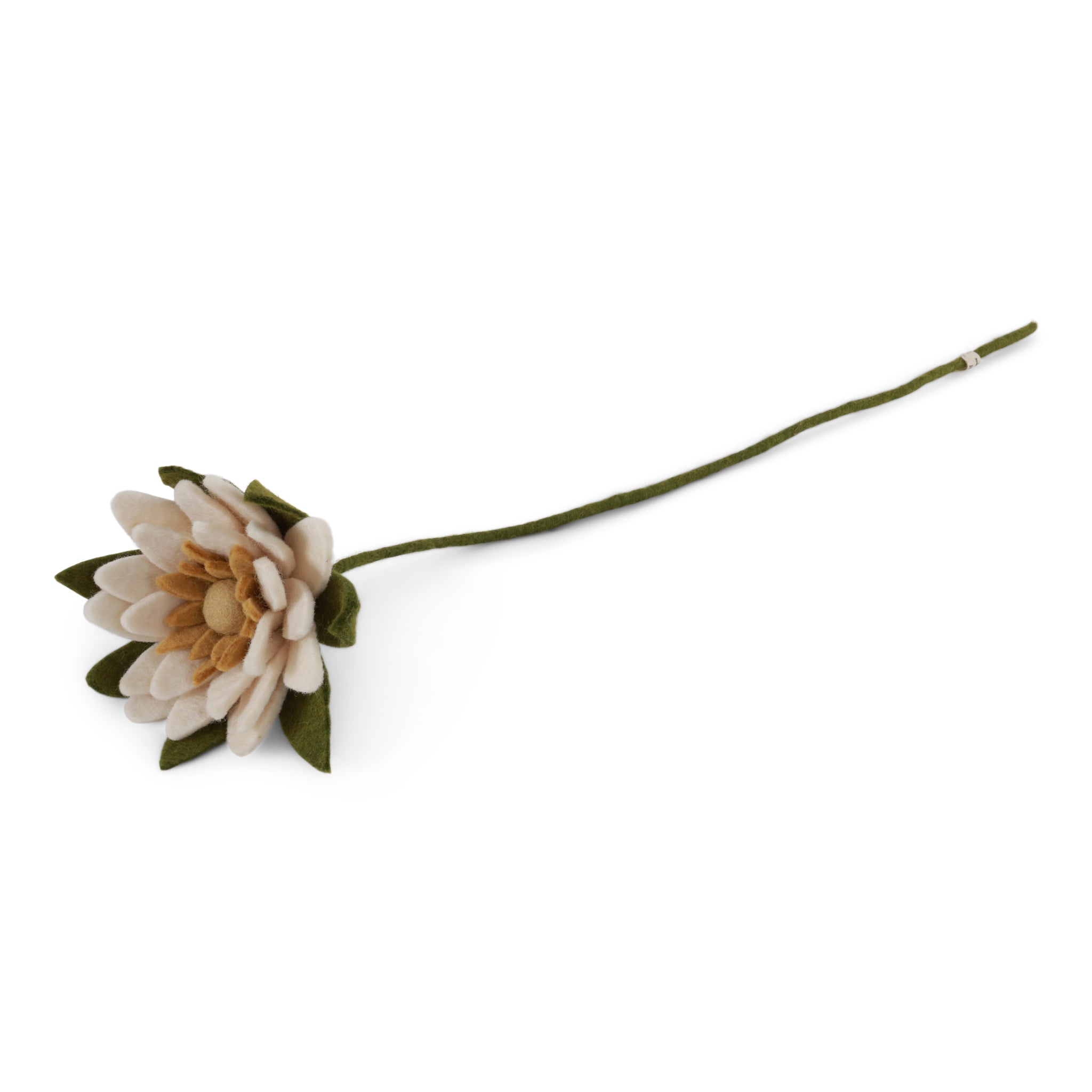 Felt white and yellow water lily flower with green stem on a white background