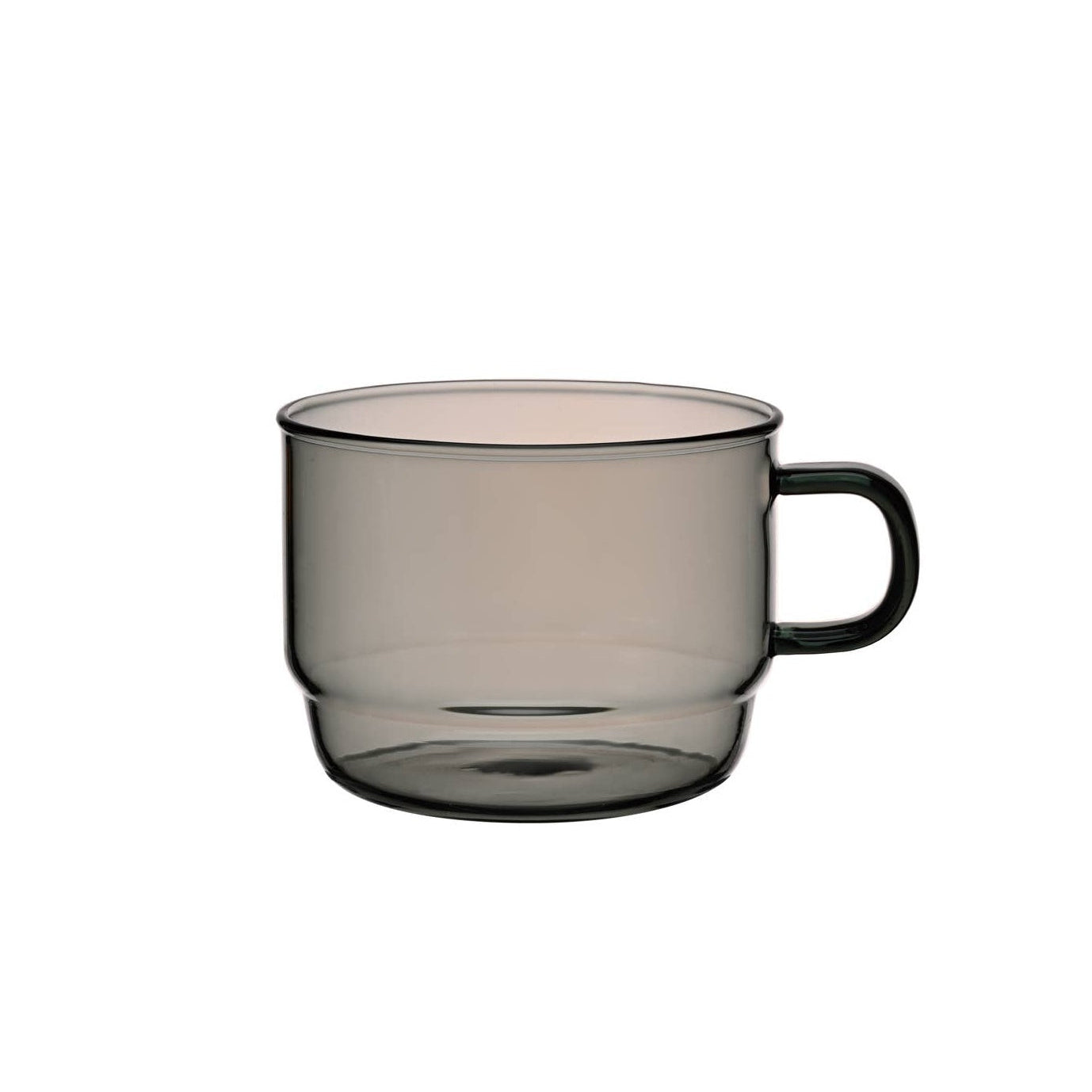 Clear grey glass mug with a handle on a white background.