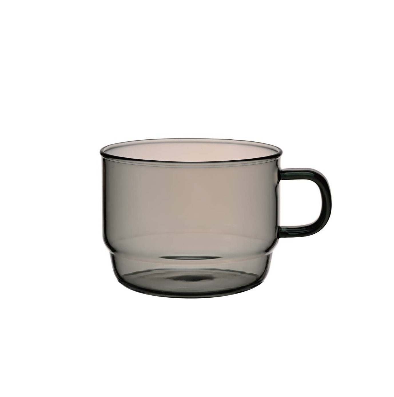 Clear grey glass mug with a handle on a white background.